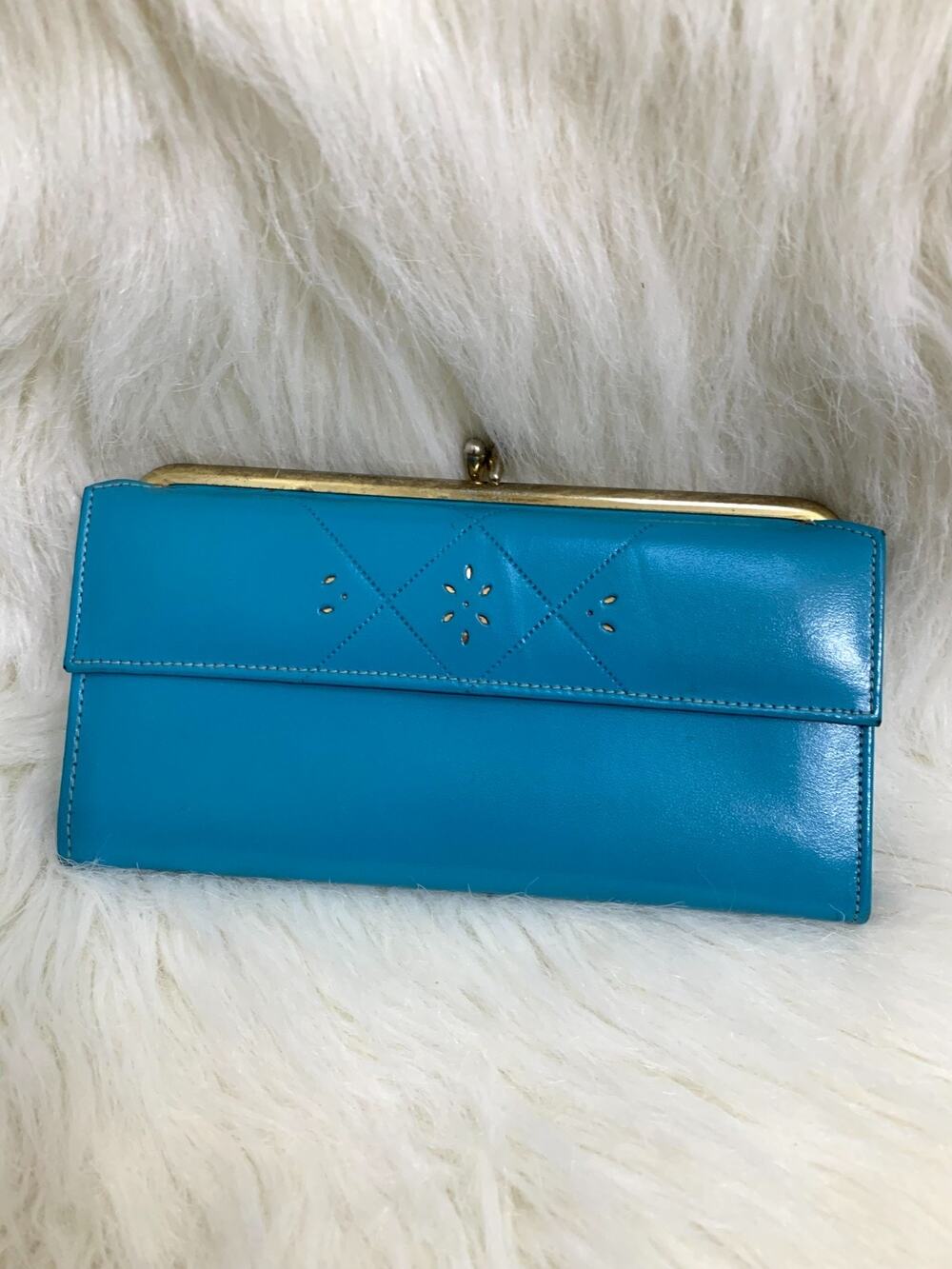Vintage Turquoise Blue Cowhide Leather Vintage Kisslock Clutch Wallet